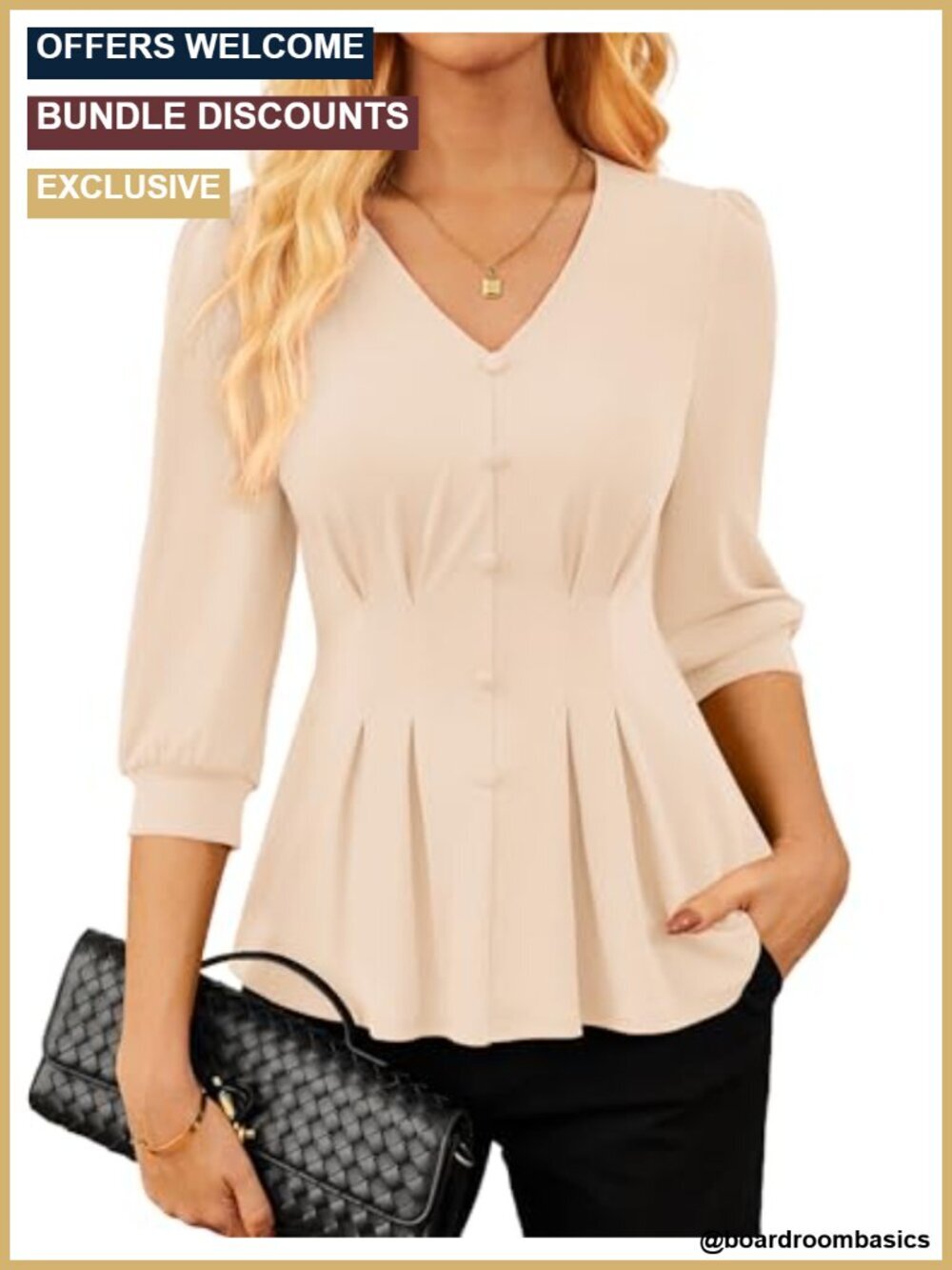 V Neck 3/4 Sleeve Peplum Blouse - Office Work Top with Decorative Buttons